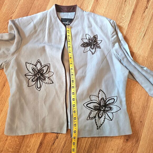 Positive Attitude 2pc Baby Blue Tank Top Linen Jacket Brown Embroi Beaded Flower - Picture 15 of 15